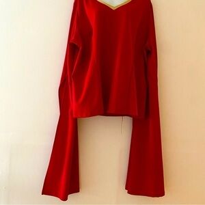 Ashley Stewart red exaggerated sleeve blouse v neck goldtone line